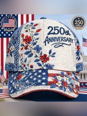250th Anniversary Floral Print American Flag Baseball Cap White Blue Red NEW
